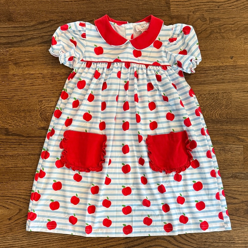 Smockingbird Red Apple Ruffle Pocket Dress with Peter Pan Collar